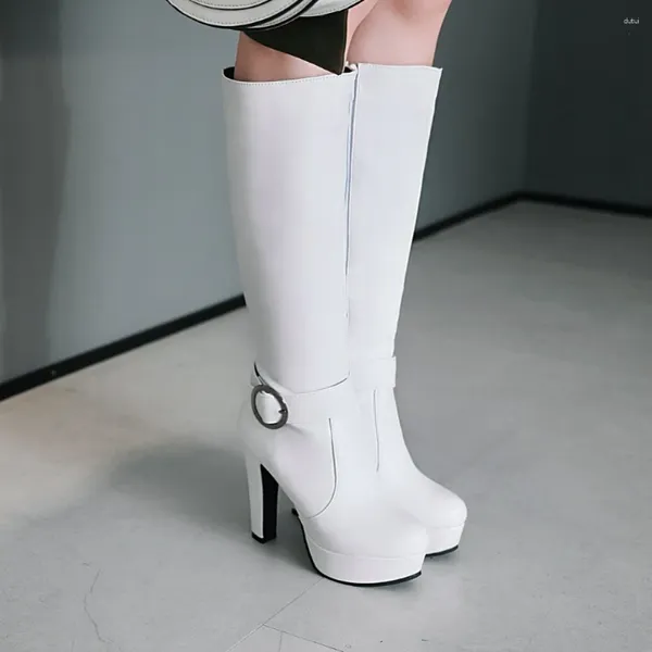 Botas de invierno hasta la rodilla mujeres otoño caballero negro blanco tacones de gran tamaño plataforma cremallera moda hebilla damas zapatos largos