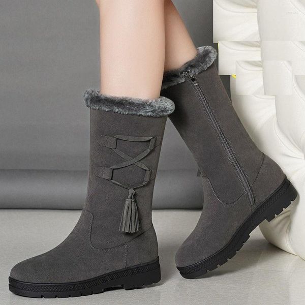 Botas de invierno estilo coreano fuera de tacones gruesos con flecos cruzados de felpa en el interior de cuero genuino para mujer a media pantorrilla media nieve 211118