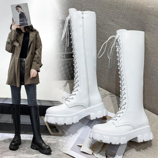 Bottes hiver bottes longues chaussures femmes blanc à lacets Zip hauteur augmentant Pu cuir peluche Botas Mujer