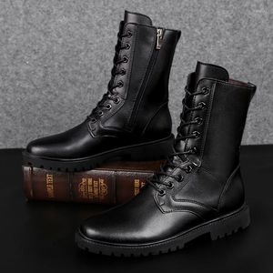 Bottes d'hiver longues hommes décontracté mode Punk moto à lacets en cuir haute noir motard solide botte chaussures militaires