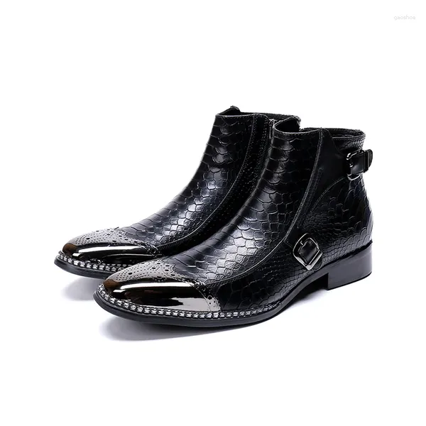 Bottes hiver hommes en cuir véritable peau de serpent métal bout rond augmenté robe de mode boucle Botas Militares