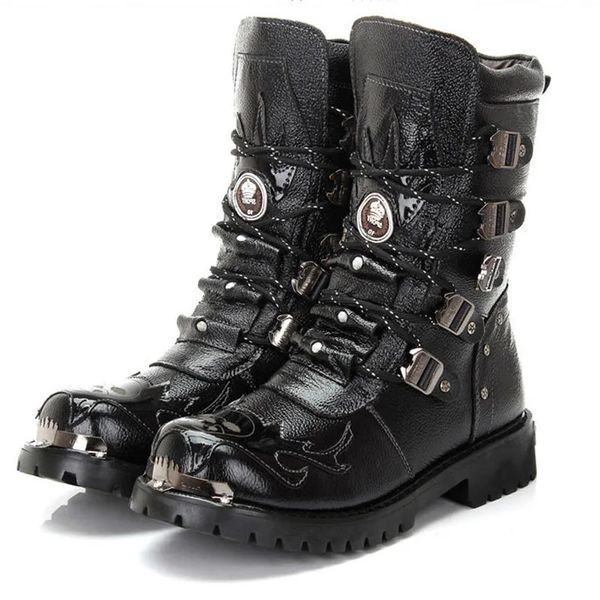 Bottes Hiver hommes moto bottes mode mi-mollet Punk Rock Punk chaussures hommes en cuir véritable noir haut hommes décontracté botte 38-46 231216