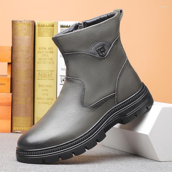 Bottes hiver mi-mollet en cuir véritable pour hommes en plein air haut chaussures de sport décontractées fermeture éclair latérale chaud noir gris M8567