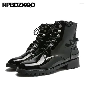 Boots Hiver Military Lace Up Ankle Black High Quality Designer Chaussures Femme Luxury 2024 Automne Flat Combat Patent Cuir Fall