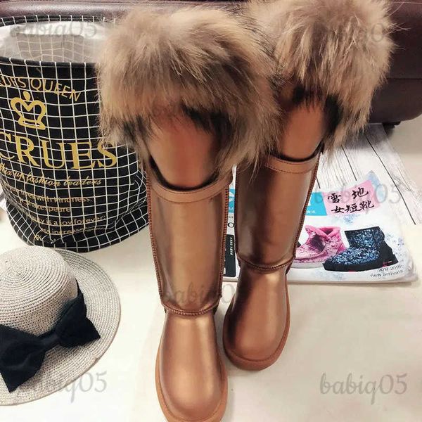 Bottes Hiver naturel fourrure de renard bottes longues fourrure d'hiver noir en cuir véritable bottes de neige bottes hautes imperméable plat botte de fourrure de raton laveur T231117