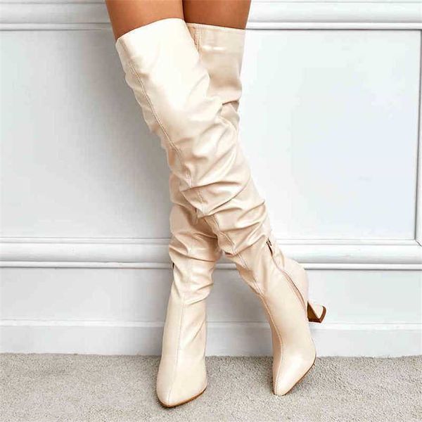 Botas Invierno Nuevas botas largas Tacones finos para mujer Cabezas puntiagudas Blanco Rodilla alta Piernas delgadas Copa de vino Tacón Mujer 220830