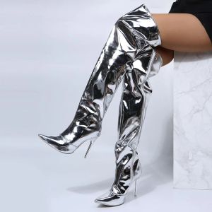 Laarzen winter nieuw over de knie laarzen sexy puntige zipper glanzende spiegel zilveren prom stiletto hoge hakken nachtclub punk jurk botas mujer