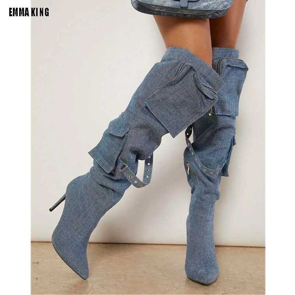 Bottes Hiver nouvelles femmes mode bleu jean Denim bottes bout pointu poche sur le genou bottes femme mince talon haut cuisse lâche BotasL2401