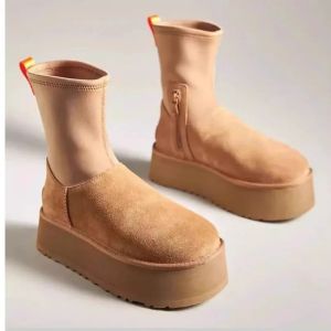 Botas Plataforma de invierno Tobillo Stretch Boot for Womans 2023 Nuevo peluche elástico tacón Chelsea Chelsea Boots Ladies Suede Leather Boots