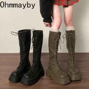 Boots Plateforme d'hiver Femmes Long Boot Fashion Back Backs Boîtres de genoux Kneehigh Boots Chaussures Femelles Elegant Shet Bottom Footwear