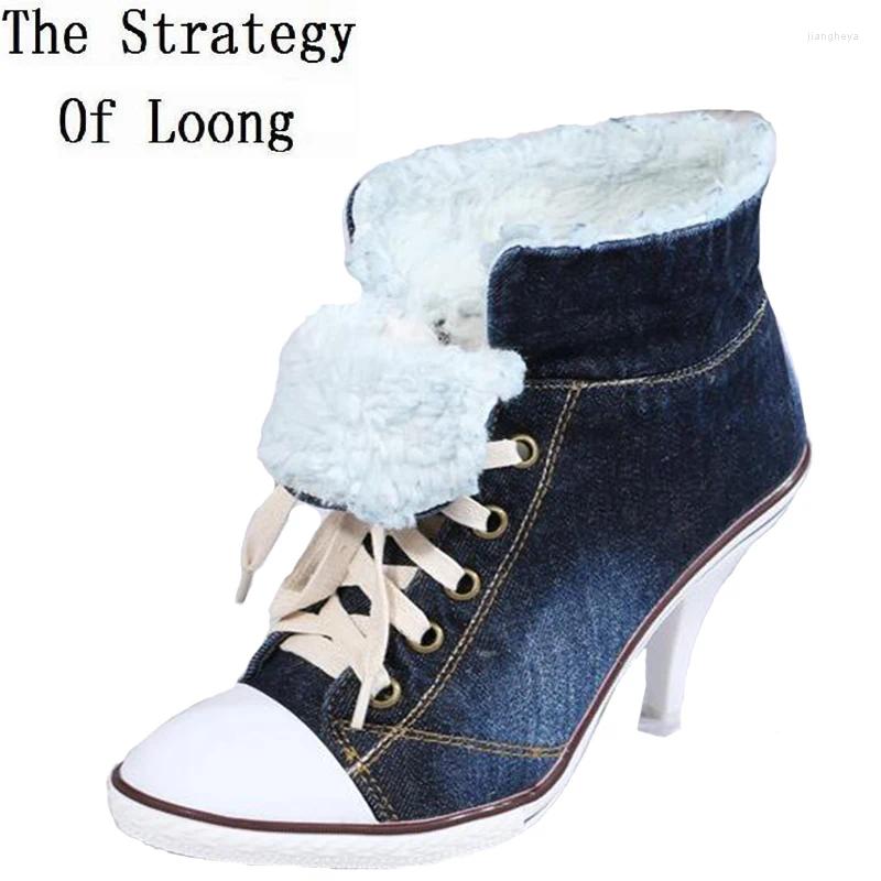 Boots Winter Pointed Toe Lace-up Women Ankle Thick Warm Lady High Heels Short Plus Size 41 42 Big Jean Shoes