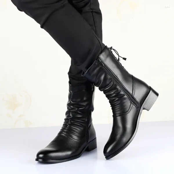 Botas De Invierno Punta Puntiaguda Para Hombre A Media Pierna Aumentada A Cuero Tubo Largo Para Hombres Hombres Negro