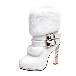 Bottes hiver chaussure moderne mode dames fête cheville Botas chaud fourrure Super talons hauts 10 cm blanc 231201