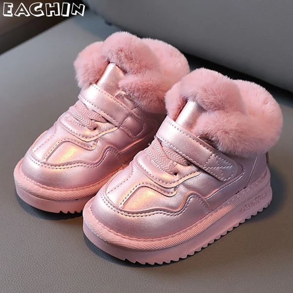Botas de nieve de invierno para niños Moda PU Cuero Zapatos impermeables Boys Plus Cashmere Grueso Chicas cortas Linda Pink Casual 231201