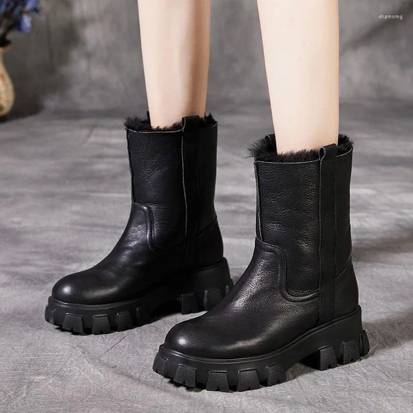 Boots Winter Snow Femmes Fur Sole intérieure Chaussures en cuir chaud Ankle authentine Riding Knight Black Casual Marque