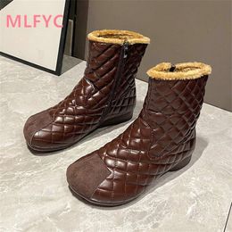 Botas inverno macio couro alto algodão feminino sola curta com pelúcia e neve quente retro 230921