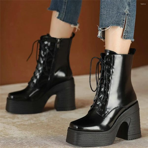 Botas Invierno Creepers Cálido Mujeres Encaje de cuero Genuino Tacón alto Tobillo Femenino Cuadrado Pombas de plataforma gruesa zapatos casuales zapatos casuales