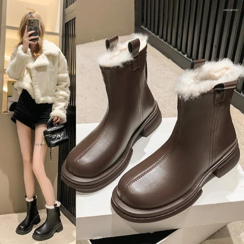 Boots Winter Warm Fashion Women's 2024 Waterproof Non-slip Brown Short Simple And Versatile Ladies Zip Platform