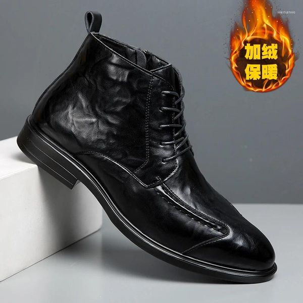 Botas de invierno de cuero cálido para hombres, negro, trabajo, moda para hombre, zapato casual con vestido de piel