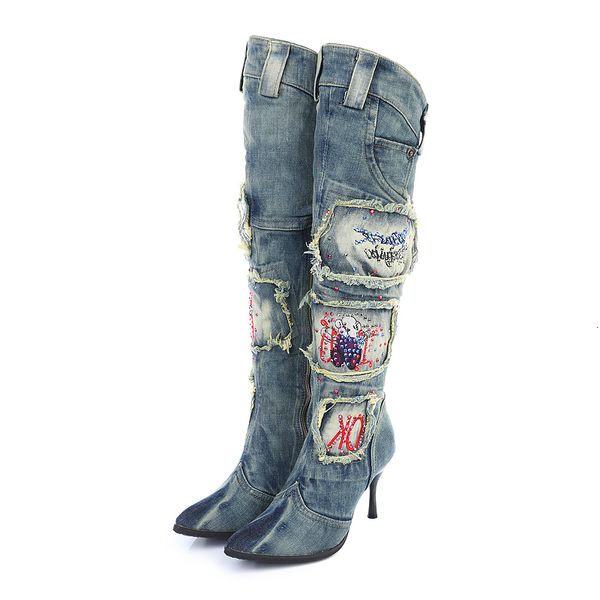 Botas Invierno Cálido Bombas Diamante tacón alto Cremalleras Muslo Denim Tacón fino Punta estrecha Mujer Caballero 230818