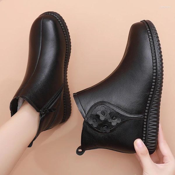 Botas de invierno impermeables de cuero genuino tobillo plano para mujeres felpa cálida suave cómodo zapatos de algodón