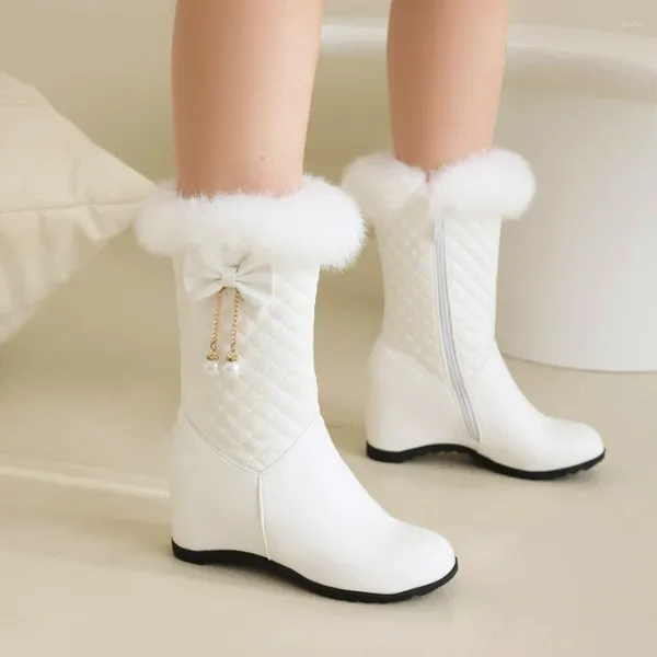 Botas Invierno Blanco Rosa Mujer Nieve Moda Cálido Peluche Piel Damas Punta Redonda Cremallera Aumento Altura Niñas Becerro 34-43