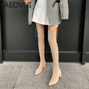 Boots Winter Femme Over the Knee High Boots Fashion Slip on Sock Boots Long Boots Chaussures Ladies Elegant Square Talon Foot Women's Footwear