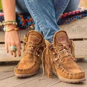 Laarzen winter vrouwen enkel Britse stijl buis frosted tassel pop tij veter-up boho cowboy schoenen botas mujer 220805