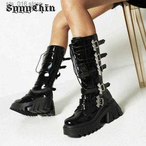 Bottes Hiver femmes bottes mi-mollet gothique Punk noir talon épais plate-forme en peluche femme pompes dames chaud bout rond chaussures Mujer Zapatos T230824