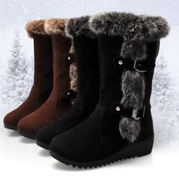 Bottes hiver femmes décontracté chaud fourrure mi-mollet chaussures SlipOn bout rond cales neige Muje grande taille 42 221123