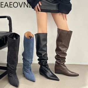 Botas Winter Women Denim Cowboy Botas Fashion Slip en botas largas Femenino