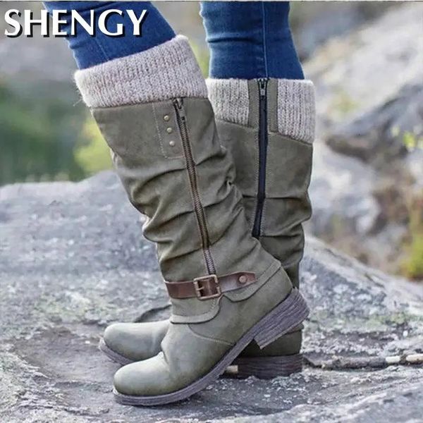 Bottes hiver femmes long bout rond talon bas mi-mollet tricoté Patchwork côté fermeture éclair à lacets femme moto Botas 231025