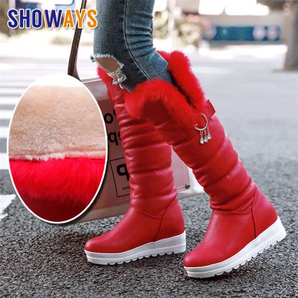 Botas Winter Women Rabbit Fur Flush Kneehigh Snow Botas Rojo Blanco Blanco Casco Casivo Altura Alojamiento Aumento de la plataforma Dama Long Boots