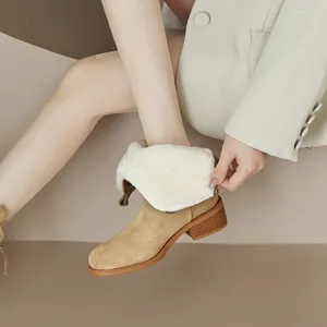 Boots Winter Femmes Round Toe Talon Chunky Short for Cow Suede Laine chaude Snow Automne Chaussures