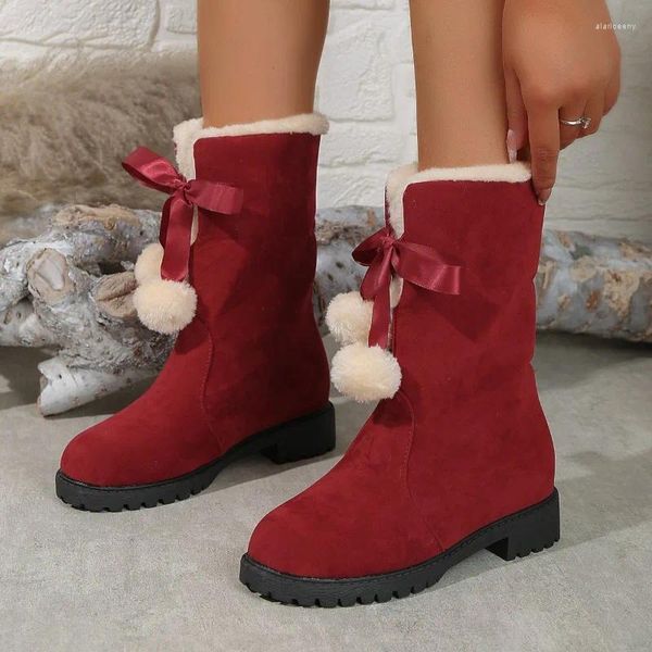 Bottes hiver femmes cheville neige 2024 chaud court peluche talon épais extérieur confortable noeud papillon rouge dames