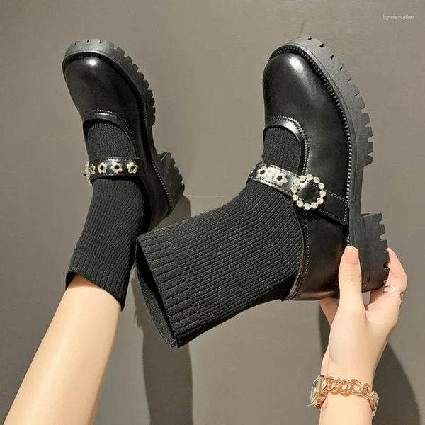 Botas Calcetines de invierno para mujer Punta redonda Tacón grueso Plataforma Zapatos de tacón para mujer Vestido al aire libre Stuent Lolita Mary Jane