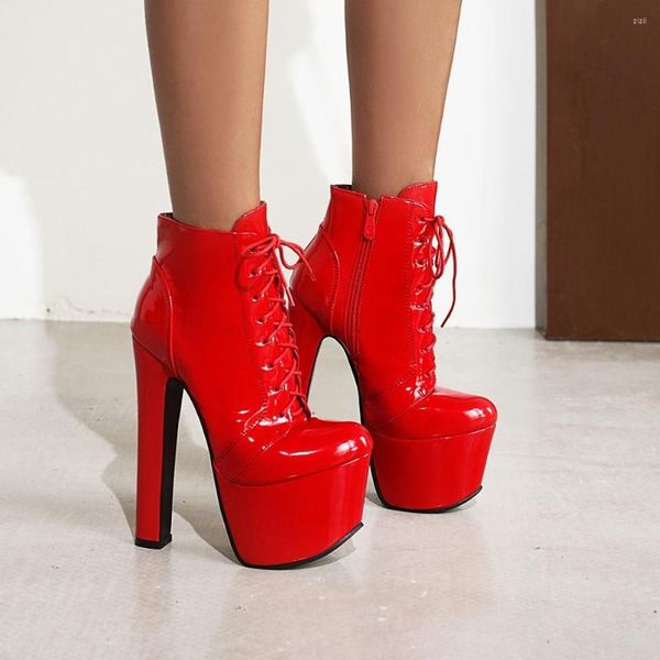 Botas de Invierno Mujer Sexy 16cm Tacones Altos Plataforma Tobillo Para Cordones de Cuero Rojo Negro Fetiche Zapatos Mujer Talla Grande 43
