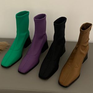 Bottes hiver femmes épais talons hauts tissu extensible chaussette bottes femme fil élastique vert violet bloc courte fête 230926