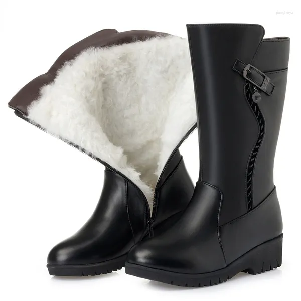 Botas Invierno Lana Piel Interior Zapatos cálidos Mujeres Cuñas Tacones Plataforma de cuero suave Calzado para la nieve Botas