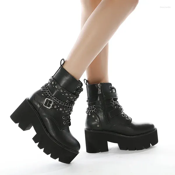 Botas Mujer Autumn Rivet Chain Wmen's Ladies Black Toble Plataforma Tacón Chunky Punk Punk Shoes Goth Motocicleta Femenina agradable