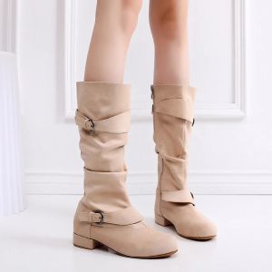 Bottes Femme Bottes de danse beige pour filles Chaussures de danse de salon en flanelle pour femmes chaussures de latino à fond doux pour enfants talon plat 2,5 cm