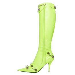 Laarzen vrouw laars mode sexy pure kleur puntige teen stiletto's hakken vintage metalen gesp rits rits knie hoge slanke kwastjes 45 221208