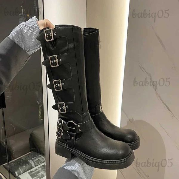 Botas Mujer Botas hasta la rodilla Plataforma tachonada Primavera Verano Caballero Combate Gótico Elegante Tacón medio Zapatos de mujer Calzado de motocicleta T231117