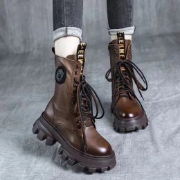 Boots Femme Boots Motorcycle Boot Footwear Lacet Up Leather Not Slip Fashion Platform Femme 2021 Nouveau automne Spring confortable