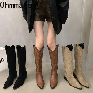 Laarzen Vrouw Cowgirl Mode Slip Op Dames Elegante Vierkante Lage Hak Knie Hoge Schoenen Dames Winterschoenen 231023