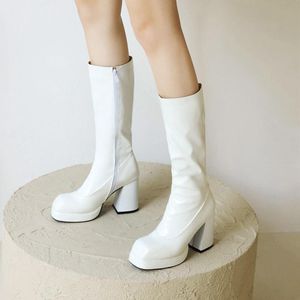 Botas Mujer Gogo Rodilla Alta Clásico Punta Cuadrada Plataforma Tacón Largo Cuero PU Cremallera Unisex Fiesta Zapatos De Vestir