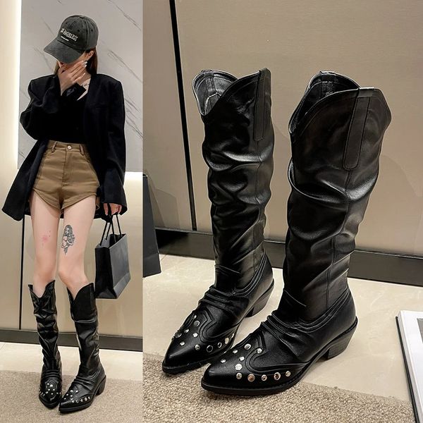 Bottes femme genou haute en cuir noir talons épais clouté Western talon bas chaussures de créateur élégant Sexy Rock Goth 231127