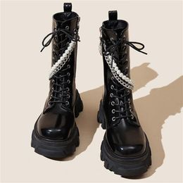 Laarzen vrouw platform leer NOSLIP mode midden kalf dames hoge hakschoenen Pearl Zipper Booties vrouwelijke vrouwen 220913