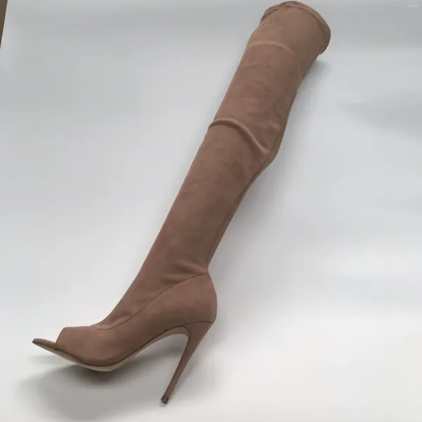 Botas mujer tacones delgados sexy sobre la rodilla tacón alto y largo dedo abierto bota de muslo estirado