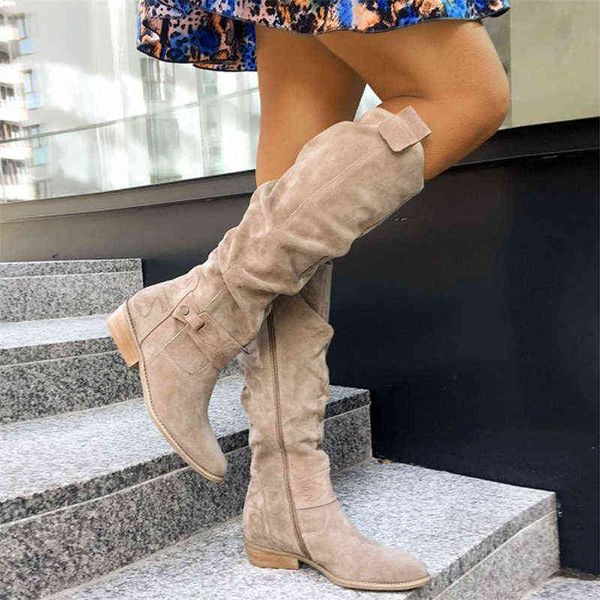 Bottes femme hiver 2022 talons bas bout rond daim noir couleur unie femmes chaussures grande taille décontracté fermeture éclair femme genou haut Boo Y2209